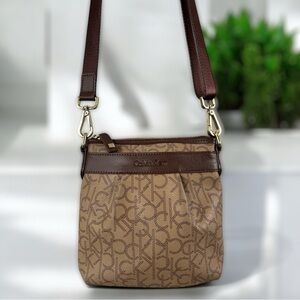 Calvin Klein Brown & Tan Vegan Monogram Crossbody Shoulder Bag Purse Gold Accent